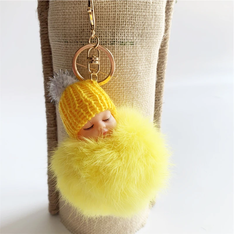 Индивидуальные буфами на рукавах с кроличьим мехом Спящий ребенок помпонами брелок для женщин сумка Шарм украшения