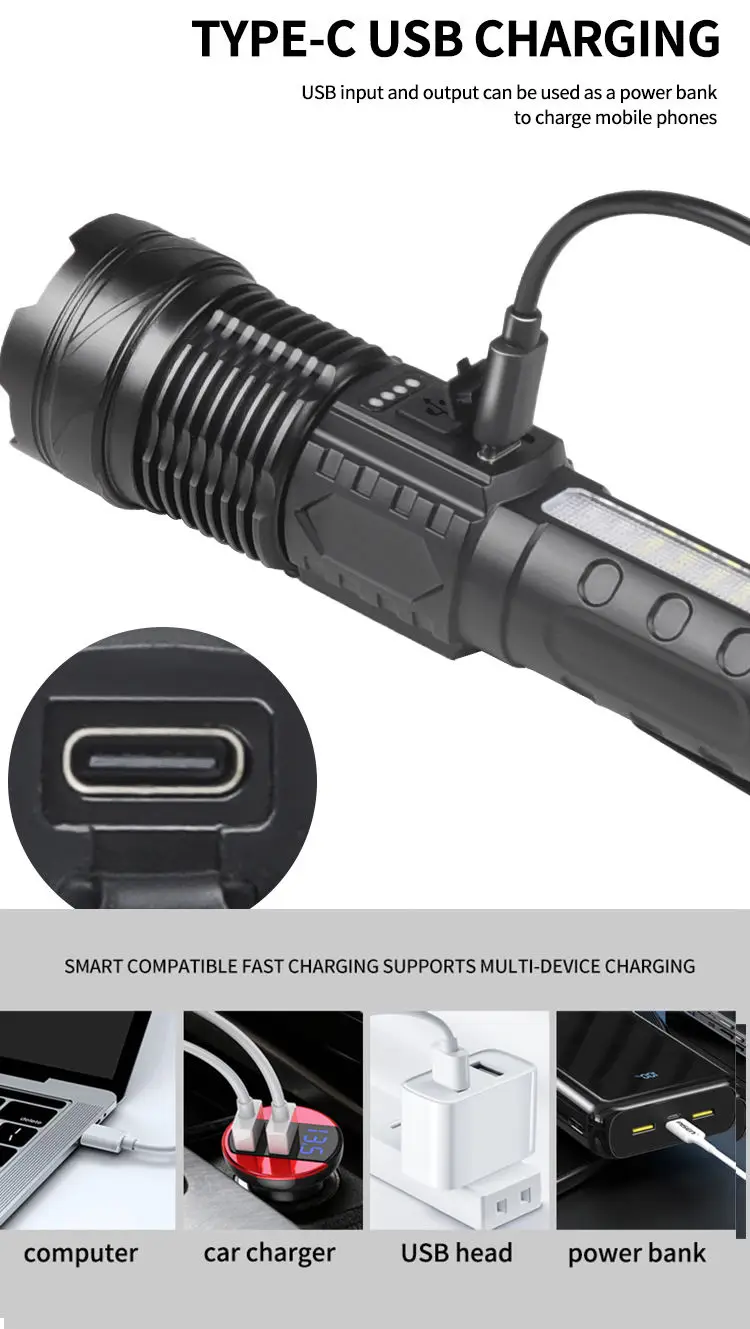 Super Bright 10000 high lumen ZOOM Flashlight powerfull Torch Light linterna USB-C Long Range XHP50 LED Flashlight Rechargeable