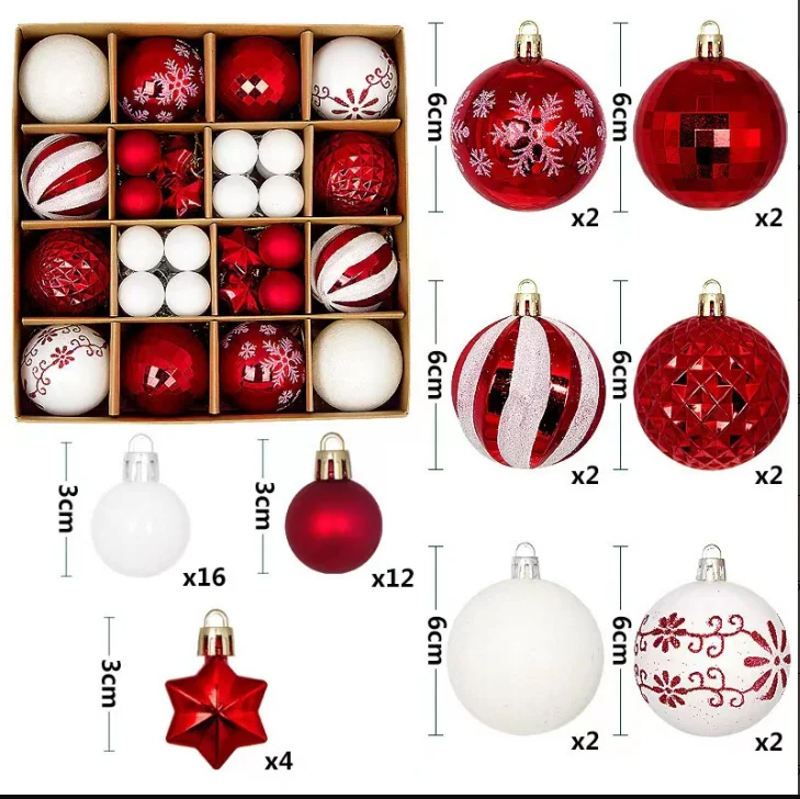 44pcs Christmas Ball & Tree Ornaments Red and White Set Hand-Painted Christmas Balls For Parties And Christmas Tree Decorations