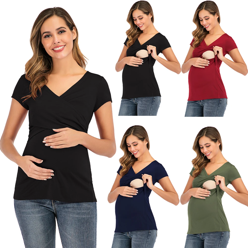 
Maternity Short Sleeve Maternity Dress With Chest Pad Pure Cotton Skin-Friendly Maternity Dress With Solid Color Top 
