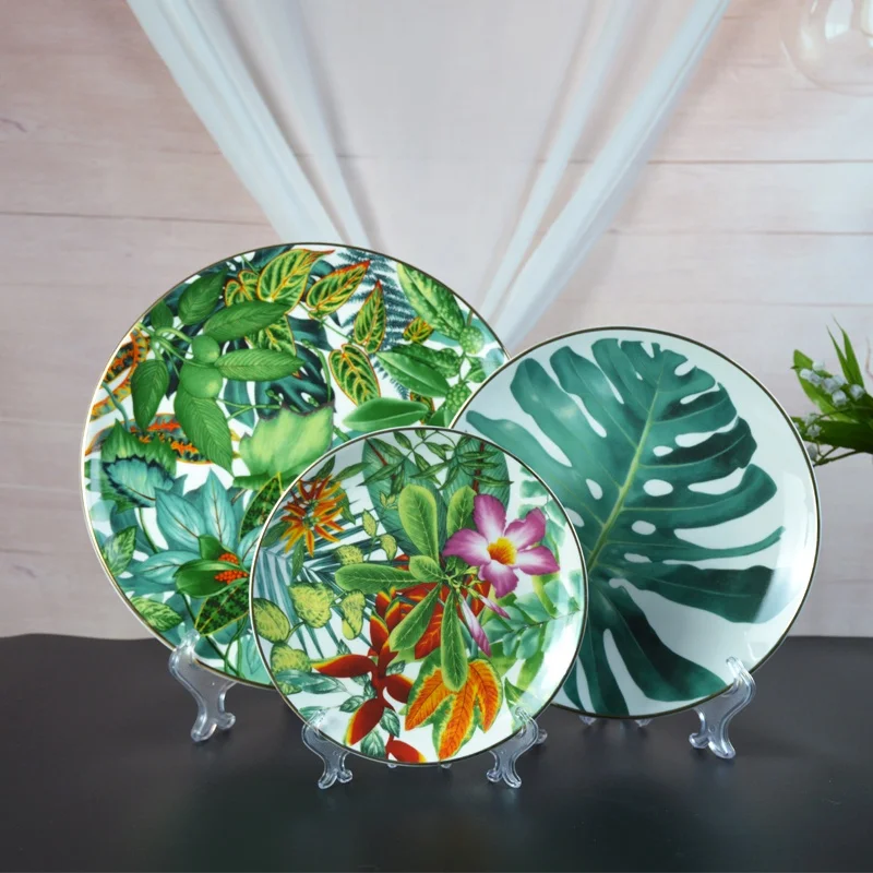 Elegant ceramic green plates natural floral porcelain dinner plates ceramic dish