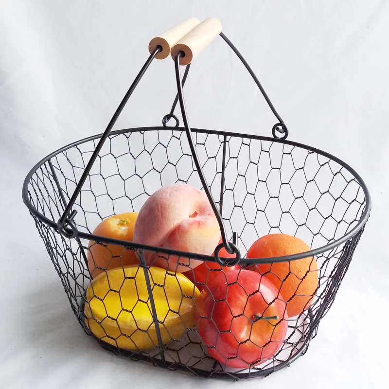 Factory Made Rustic French Germany Easter Christmas Fruit&Egg Shopping Holder Metal picnic Mesh Wire Basket with wood Handle