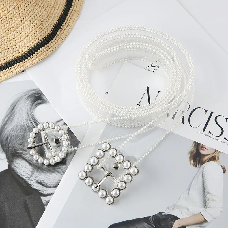 Hot Sale Fashion Pearl Rhinestone Buckle Transparent Clear Waist PVC Belt Waistband for Women Girls Jeans Shorts Dress