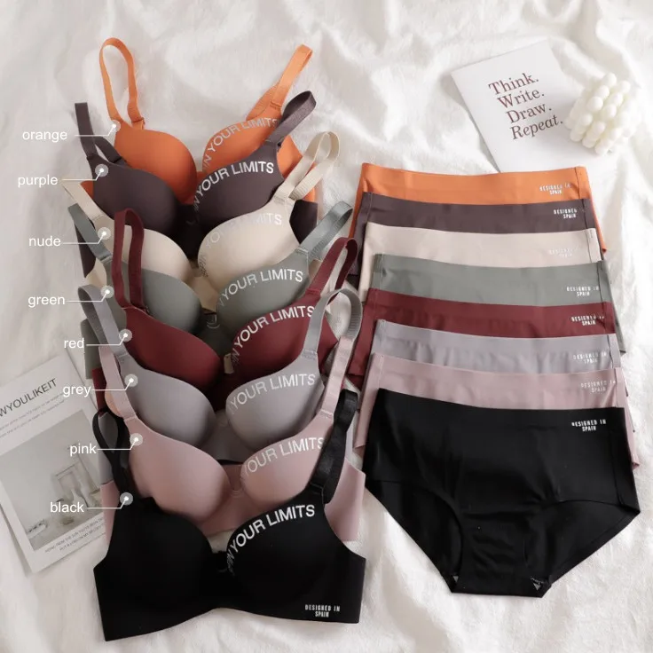 Breathable Girl Sexy Bra Panty Set Size 32 A B Small Cup Women Letter Seamless Wireless Brief Panty Sets Push Up Panties Bra