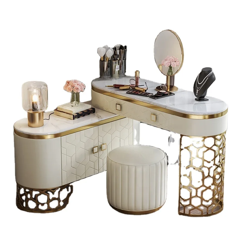 Luxury Modern Furniture Bedroom Set Dresser Golden Steel Base Makeup Vanity Dressing Table