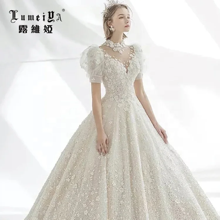 Puff Sleeves Satin Bridal Wedding Dress Muslim Mermaid Bridal Gowns Wedding Dress Champagne Wedding Gowns Dresses Bridal