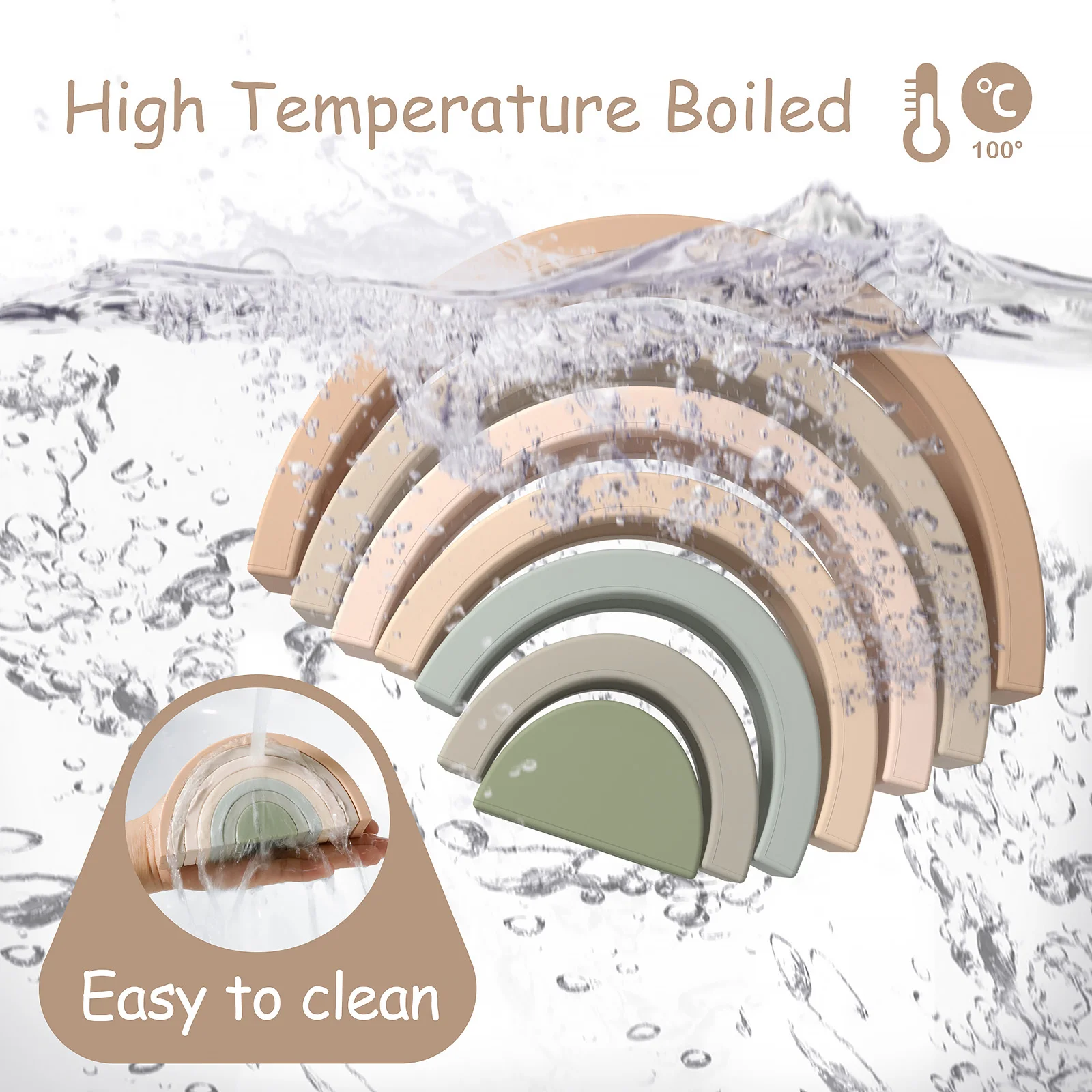 Hot Sale 7 Layers Rainbow Brown BPA Free Food Grade Silicone Blocks Baby Chew Teething Kid Learning Rainbow Stacking Toys