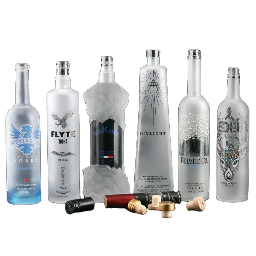 Fancy vodka tequila unique glass bottle 500ml 700ml 1000ml frosted alcohol round square liquor bottles for tequila bottle 750ml