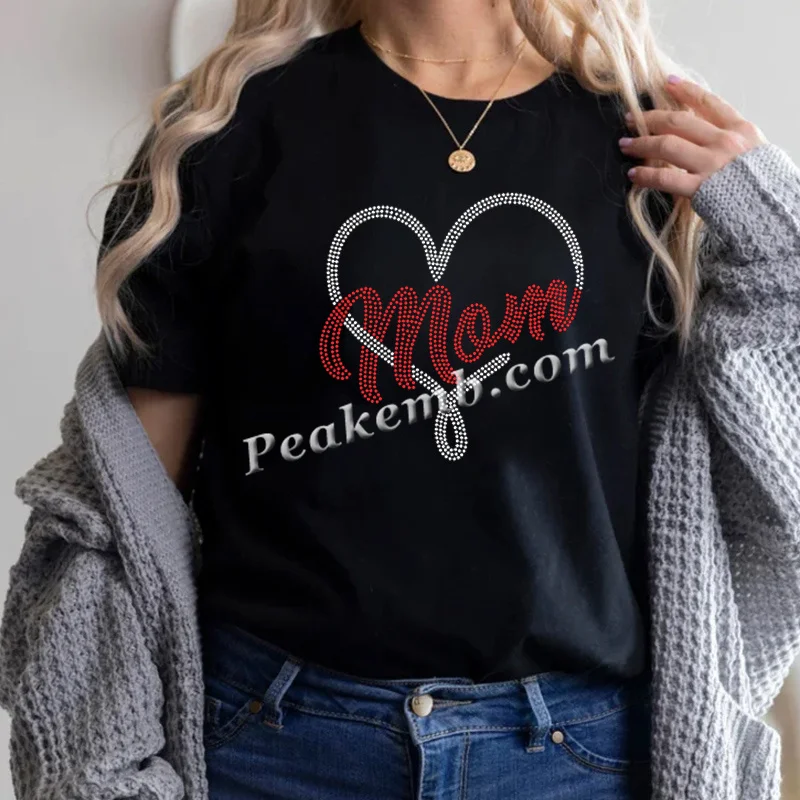 Bling Bling Love Heart Red Rhinestones Hot Fix Mom Motif Designs for Clothing