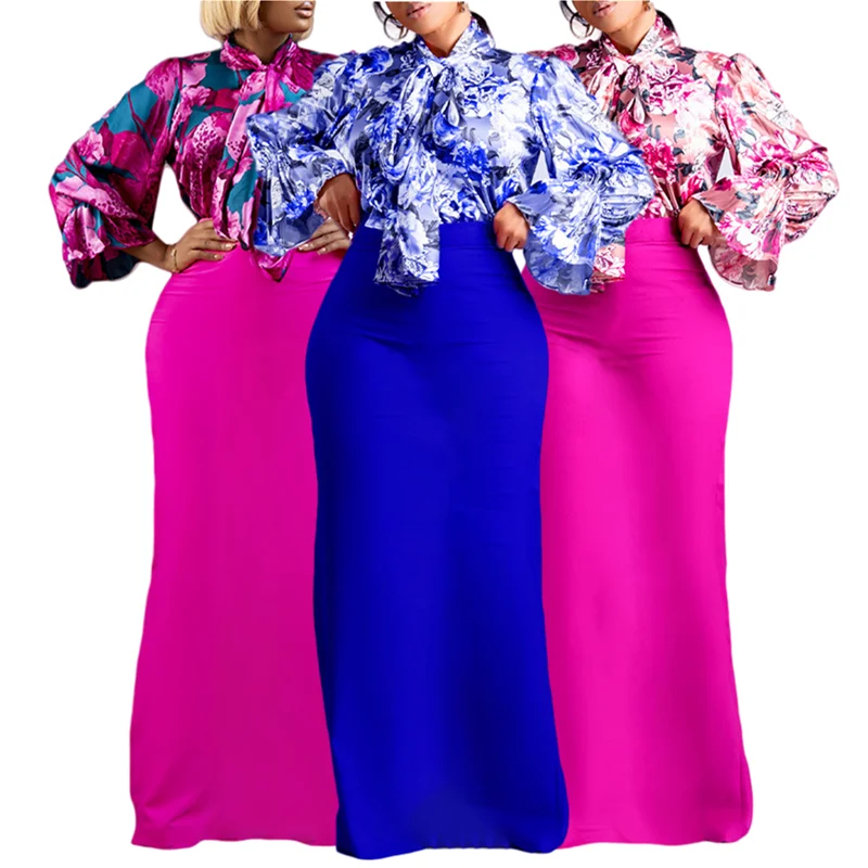 D323 New Design Spring Two Piece Set Women Clothing Print Strap Long Sleeve Shirt And Skirt Sets 2 Piece Set Women Skirt And Top