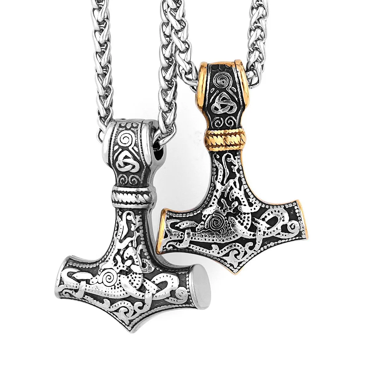 Fashion Hip Hop Trendy Vintage Stainless Steel Thor Hammer Viking Pendant Necklace for Men Women