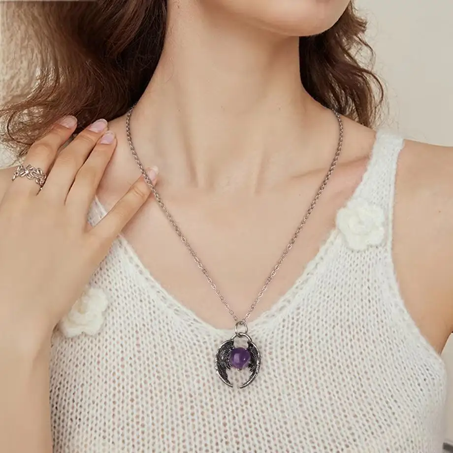 26mm Natural Gemstone Cabochon Bead Silver Metal Angel Fly Wings Pendant Stainless Steel Chain Necklace Women Crystal Jewelry