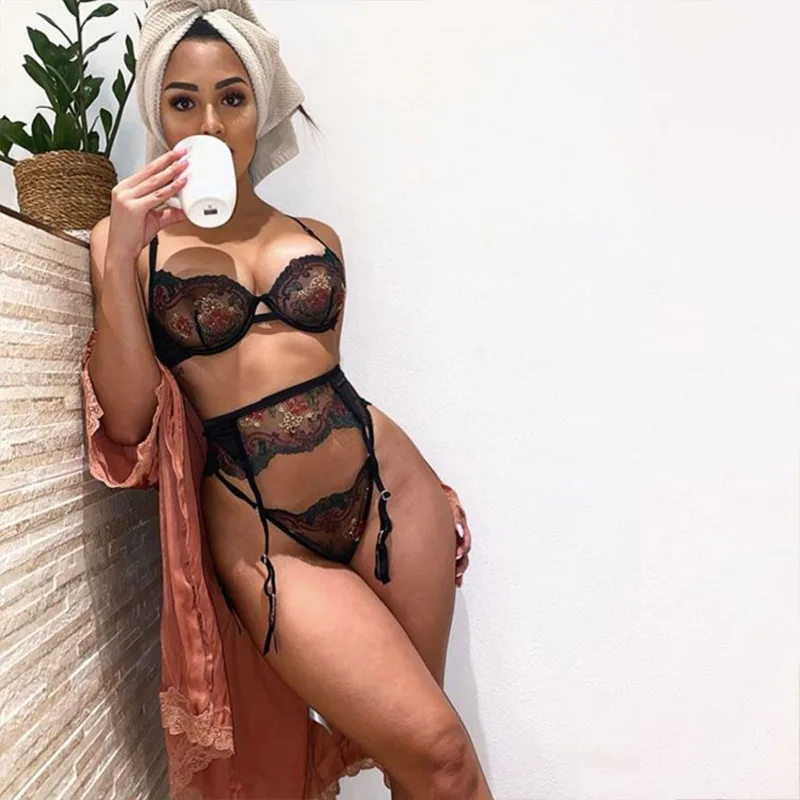 Women Lace Floral Sexy 3 piece garter lingerie Embroidery Exotic Bodysuits Hot Nightwear Bandage G-string