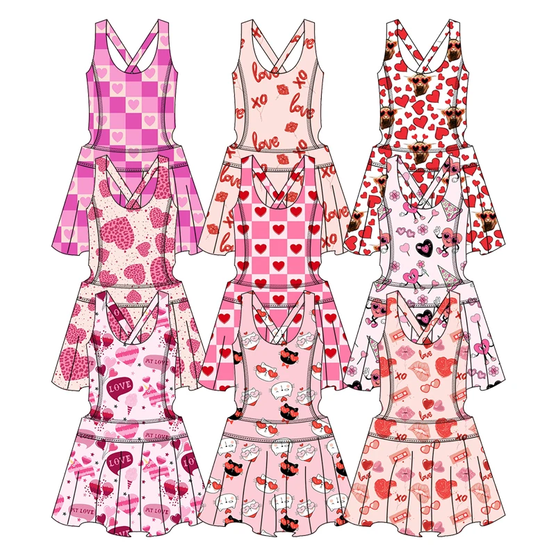 2025 New Fashion Custom Pattern Heart Animal Cat Printed Sleeveless  Fancy Girl Dress Workout Sport Baby Girl Dress Kids Clothes
