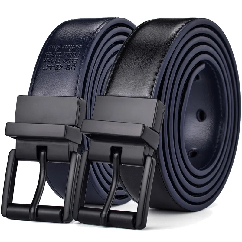 New Female Leather Belt  2.8CM Black and Blue Reversible Genuine Leather Belts for Women with Rotated Buckle