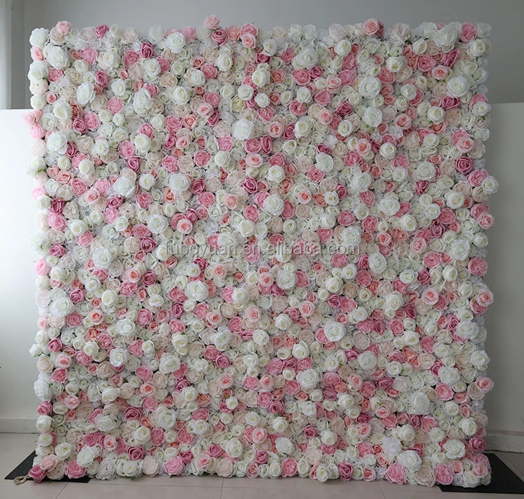 SW wholesale cheap roll up flower wall backdrop 8ft*8ft flower panel wall decorative 3d cloth back pink and white flowers wall