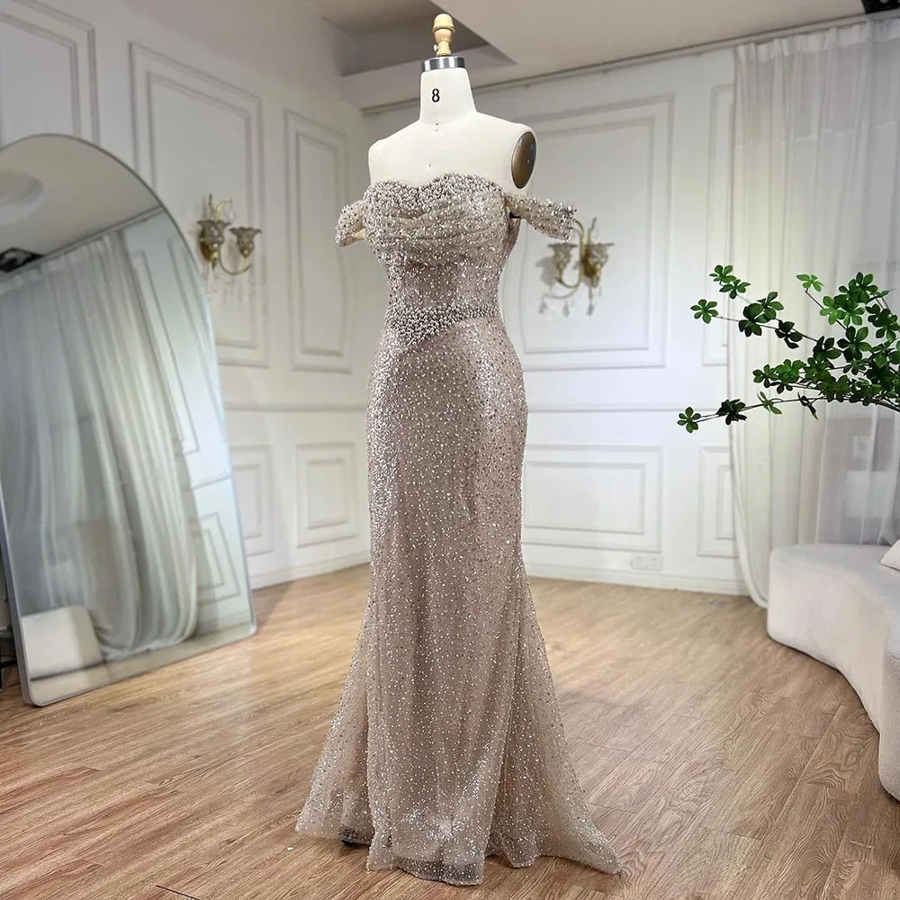 Serene Hill Dubai Arabia Nude Elegant Mermaid Evening Dresses Gowns Luxury Pearls Beaded 2024 For Women Wedding Party LA72270