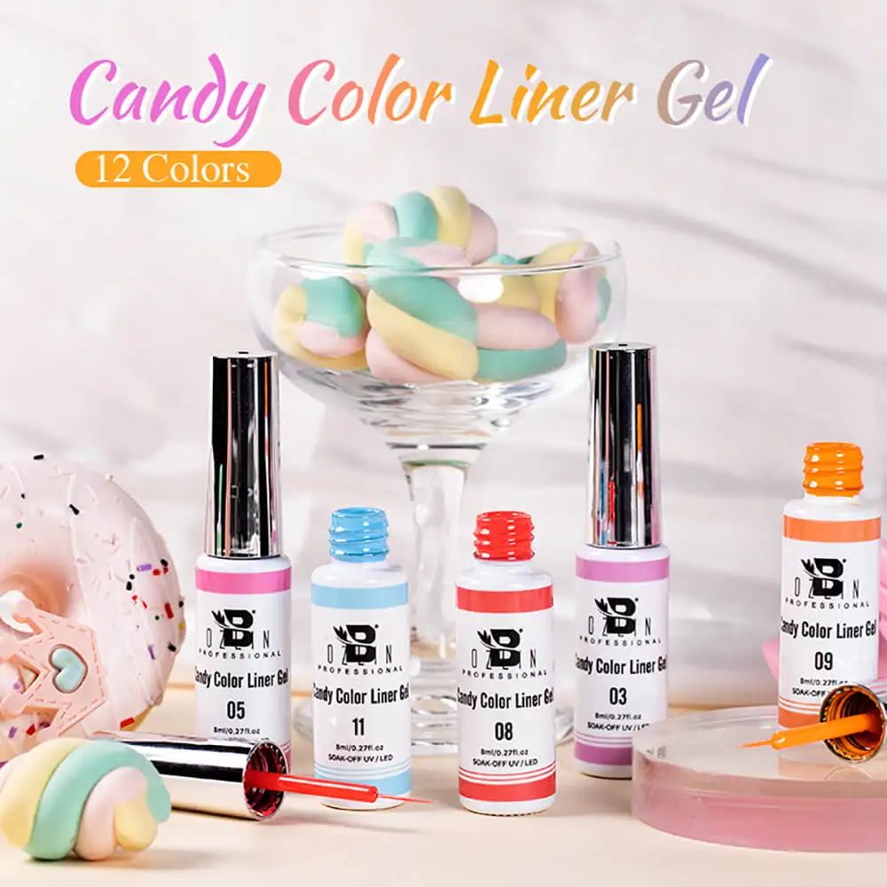 BOZLIN 12 Candy Color 8ml Ultra Fine Brush Pull Line Graffiti Nail Gel Polish Painting Stripe Design Nail Art Liner Gel Polish