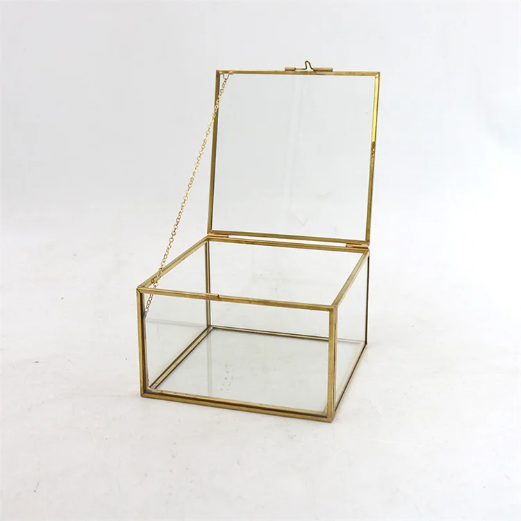 Wholesale custom vintage small geometric metal trinket box rose gold copper glass jewelry ring display box for wedding favor