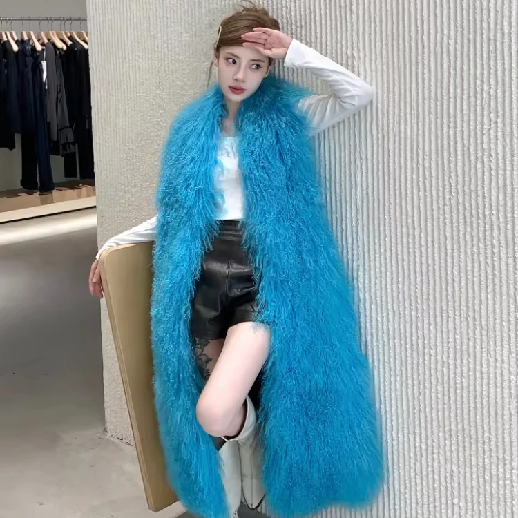 Bright Colors X-Long Genuine Mongolian Lamb Fur Vest Coat Women Real Fur Waistcoat Winter For Girls