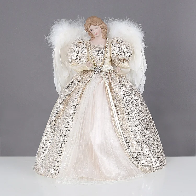 2023 Best Seller Premium Gorgeous Angel Christmas Glitter Sequins Tree Topper Angel With Luxury Feather Wings