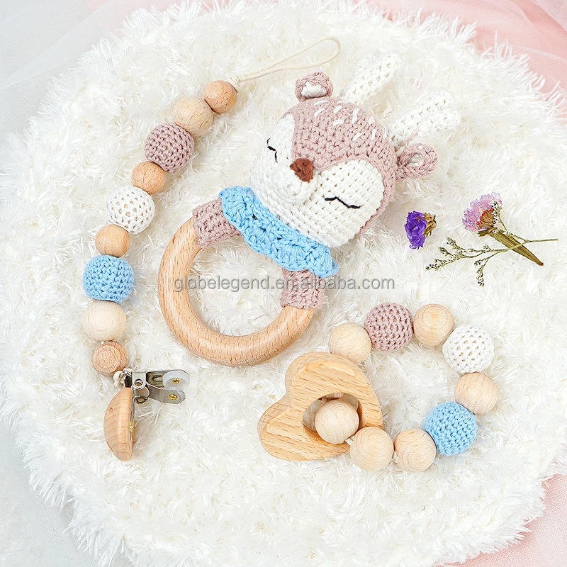 Custom Crochet Animals Cute Newborn Gift Set Wooden Teether Rattle Christmas Children  Baby Rattle Crochet Toys
