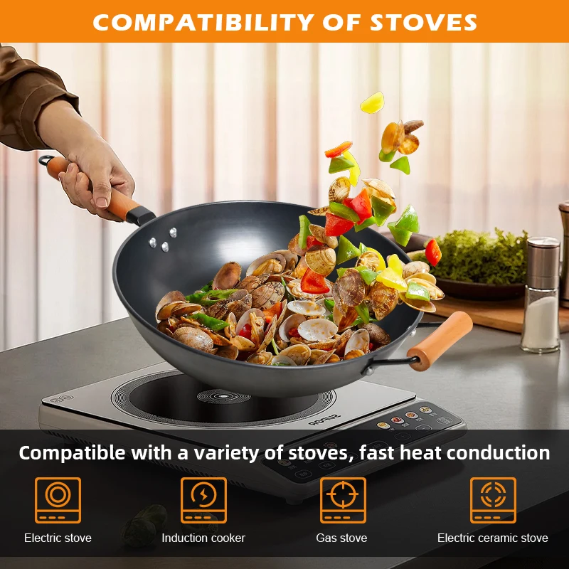 Wholesale 30cm 1.3mm Thick Carbon Steel Nitridated Wok With Wooden Handle For Hotel