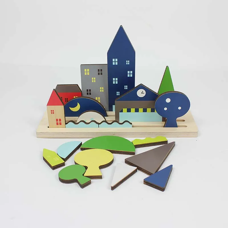 KIU Double Side Different Shapes Wooden Blocks Toys Building Blocks Puzzle Toys Diy Landscape Creative Toys