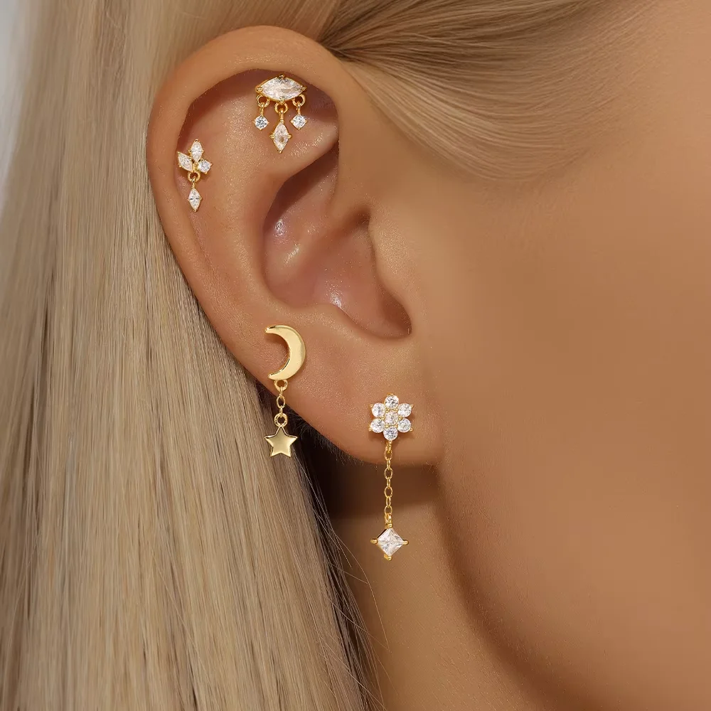 Trending Single Snowflake Tassel Sparking 925 Sterling Silver Stud Fashion Moon Star Ins Fashion Round Shape Piercing Earrings