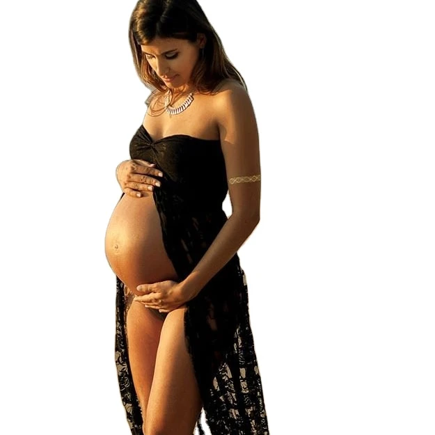 Кружевное однотонное свадебное платье для беременных без бретелек с разрезом