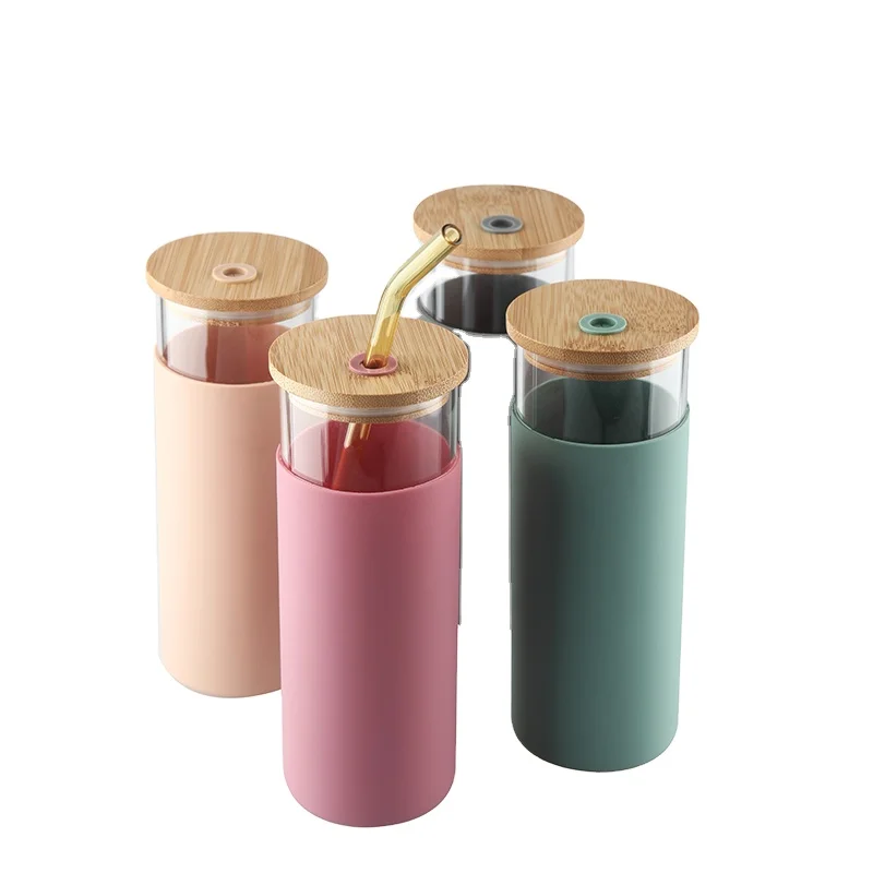 Hot Sale Beer Can Shaped Bamboo Bubble Tea Boba Insulated Glass Tumbler Cup With Hole Water Bottle Glass With Silicone Sleeve