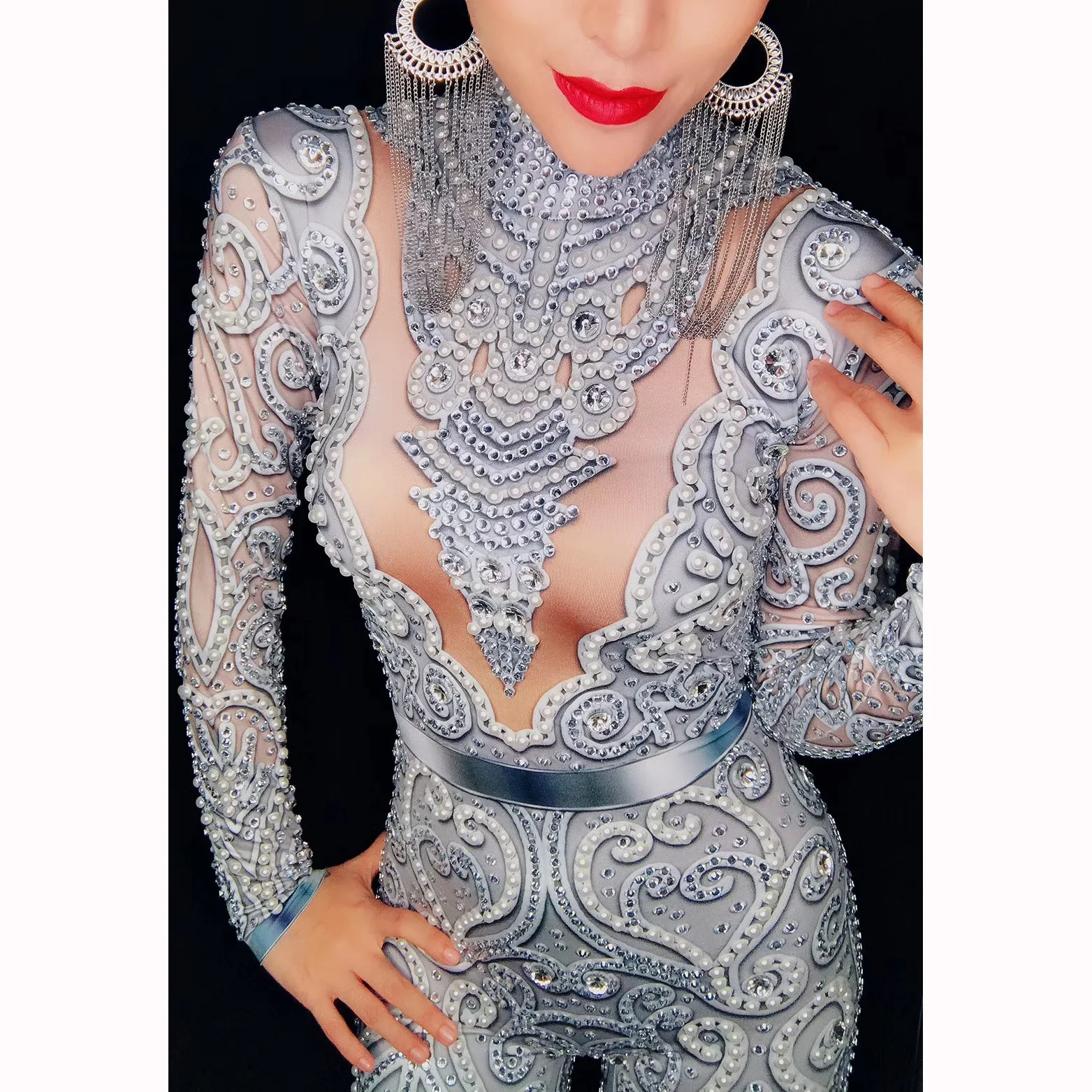Women Sexy Rhinestone Floral Bodycon Long sleeve Clubwear Ladies Long Sleeve Slim Dance Evening Party Show Jumpsuit Romper