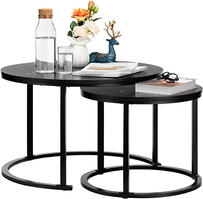 Contemporary Round Nesting Coffee Table Bent Black Gold Metal Side Glass Marble Stone MDF Wood Nest of 3 Table Set Nesting Table