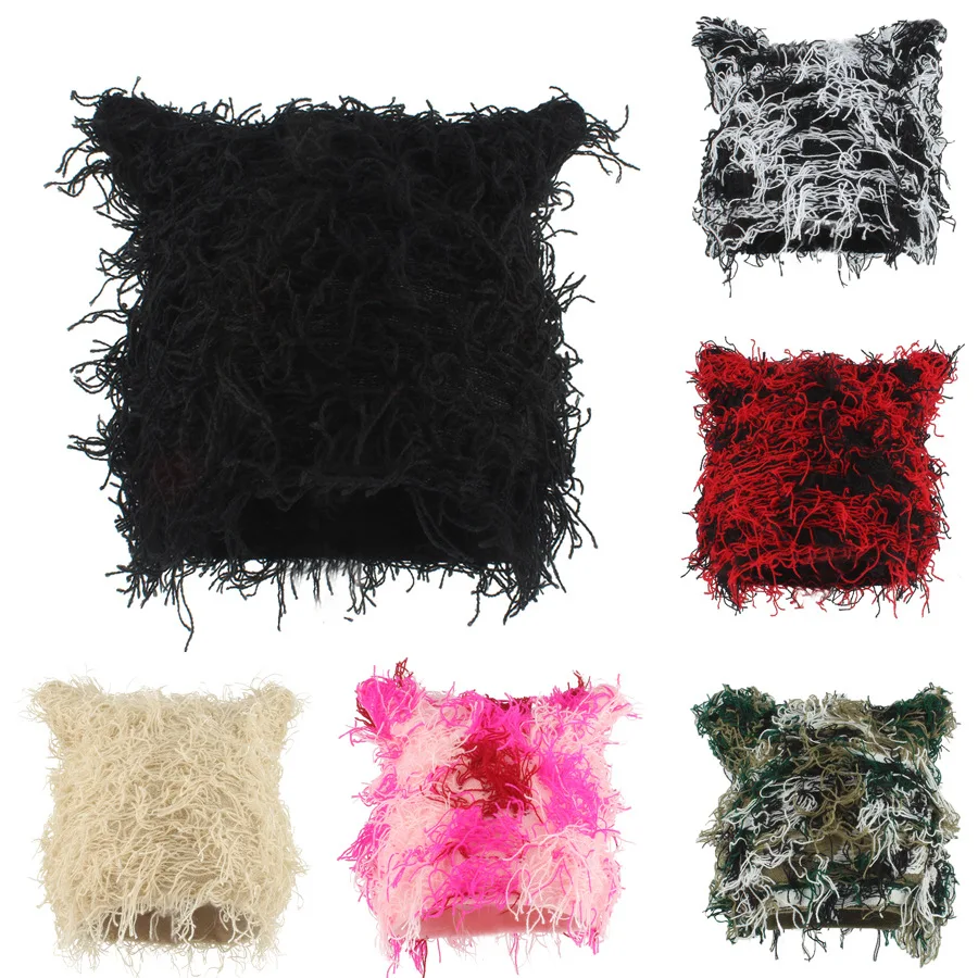 FF3087 Winter Outdoor Knit Beanie Hat with Cat Ear Warm Skull Cap Knitted Slouchy Fuzzy Winter Hats Distressed Y2k Beanies Cap