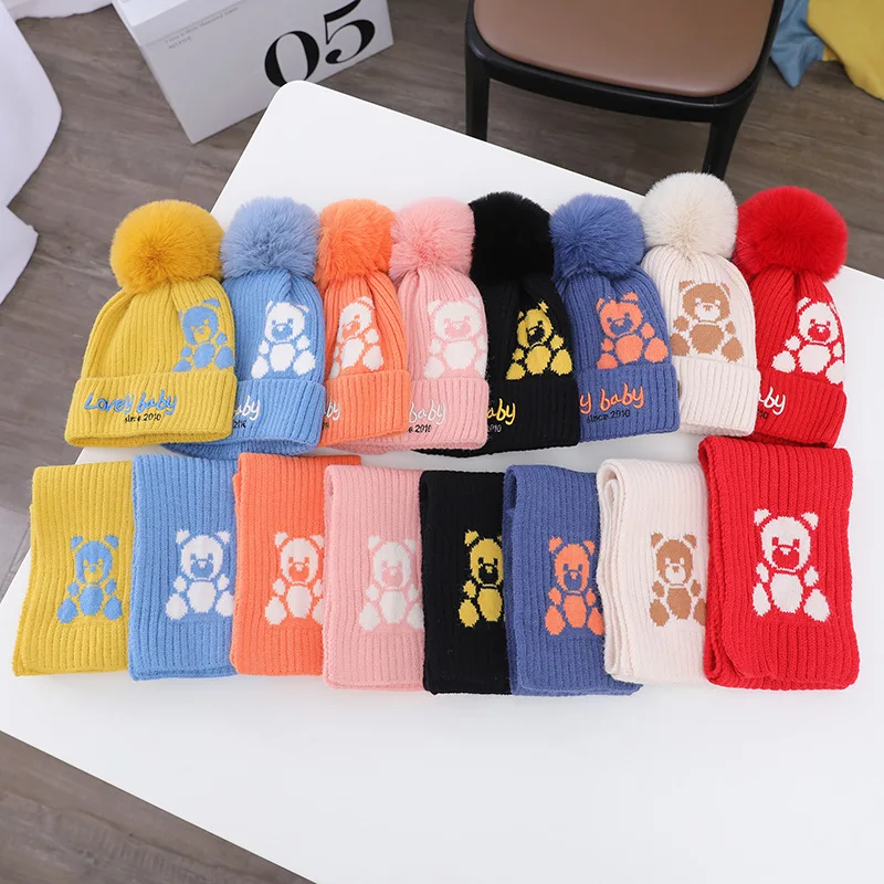 Custom Logo Winter 2Pcs/set Children Little Bear Beanie Scarf Set 100% Wool Jacquard Knitted Long Plain Plush Fur Pom Pom Kids