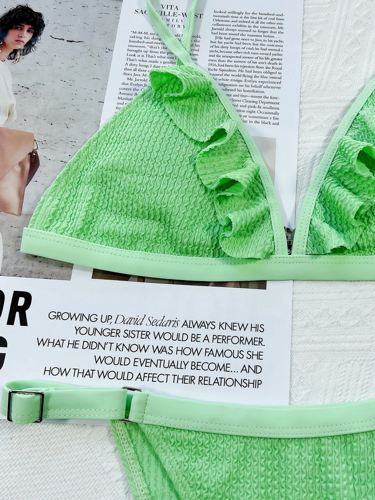 Hot Sale 2023 Summer Swimwear Beach Wear Woman Green Ruffled Ribbed Strip Young Girl Mini Cute Cheap Triangle Bikini Set