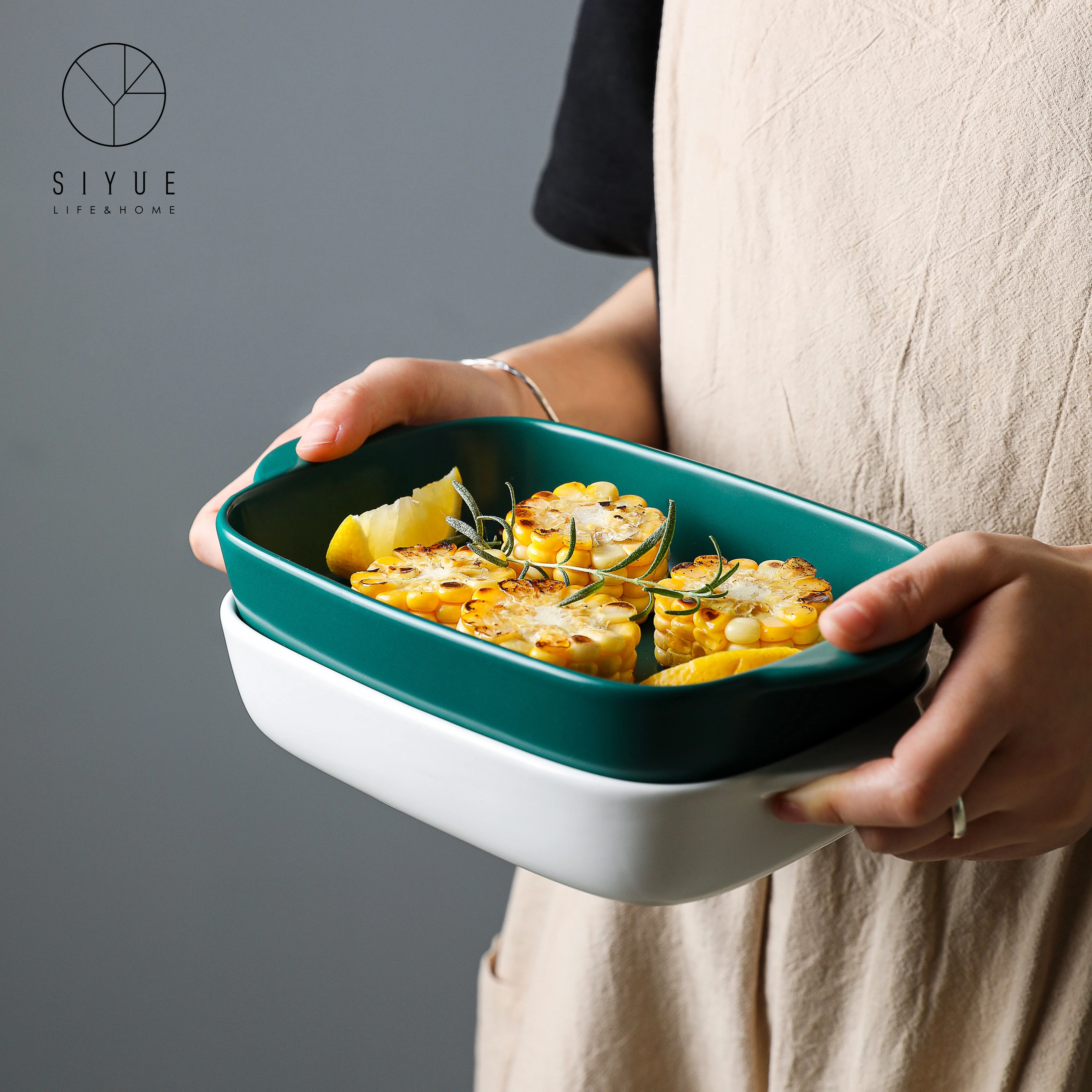 Nordic Handle Oven Porcelain Ceramic Bakeware Baking Plate Dishes & Pans Rectangle With Heat-Resistant For Cake Dinner 1436