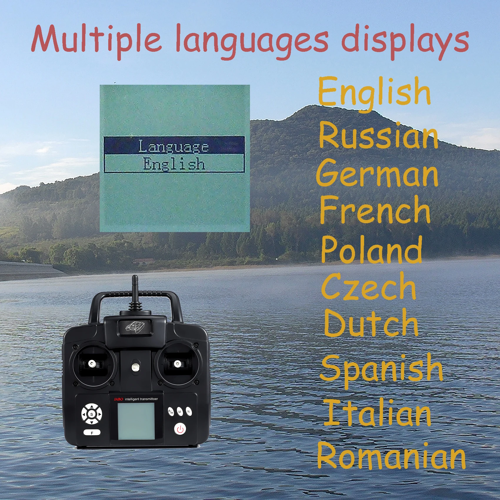 JABO5CG GPS Auto navigation Fish finder, bait boat Auto driving of 500m, 4 bait silos 32 storage points Display in 11 languages