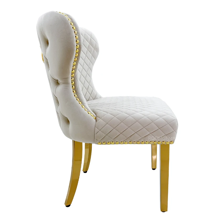 New Design Beige Tufted Velvet Restaurant Banquet Dining Room Chair Legs Home Furniture Fabric Modern with Gold Lion