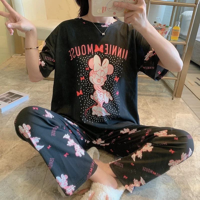 Wholesale cartoons printed short sleeves pajamas milk silk two piece set sleepwear Korean cute casual night wear for lady