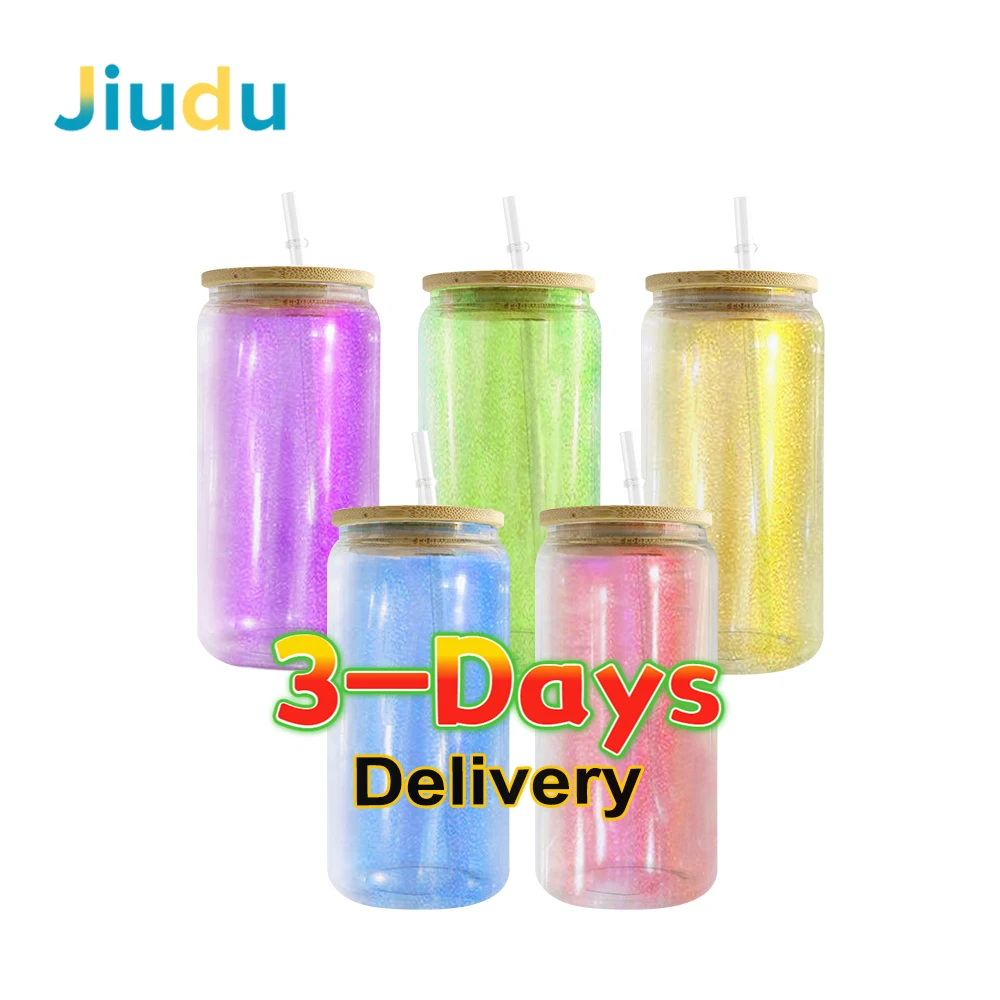 USA Warehouse 20oz Iridescent Sublimation Glass Can Frosted Sublimation Beer Glass Blanks Tumbler with Bamboo Lids Water Bottle