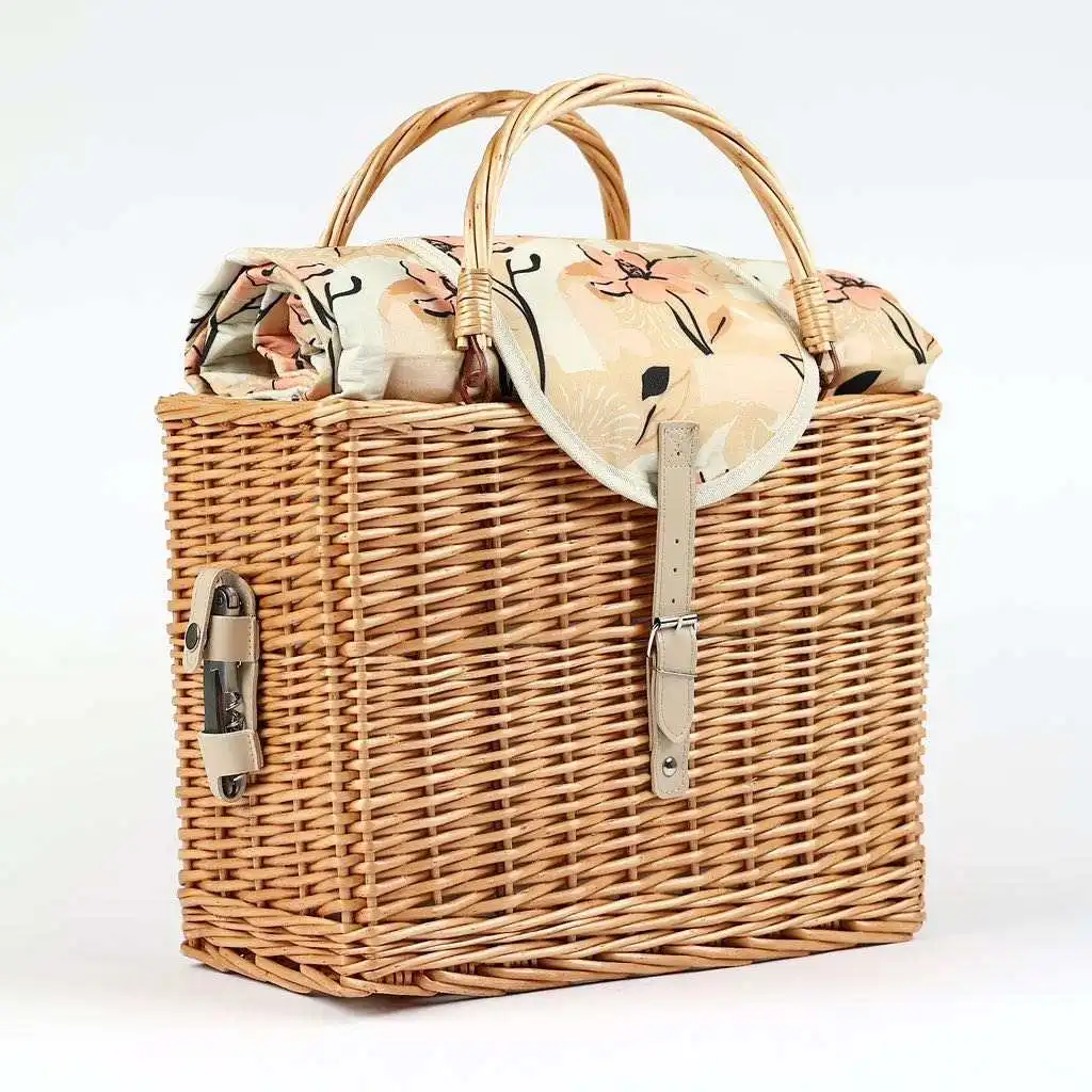 Empty wicker picnic basket with handle and cooler bag willow hamper with picnic blanket