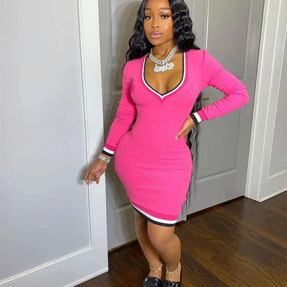 2022 New Arrival Women Clothes Sexy Sweater Dresses V Neck Rib Knitted Bodycon Long Dress Women Club Long Sleeve Dresses Sexy