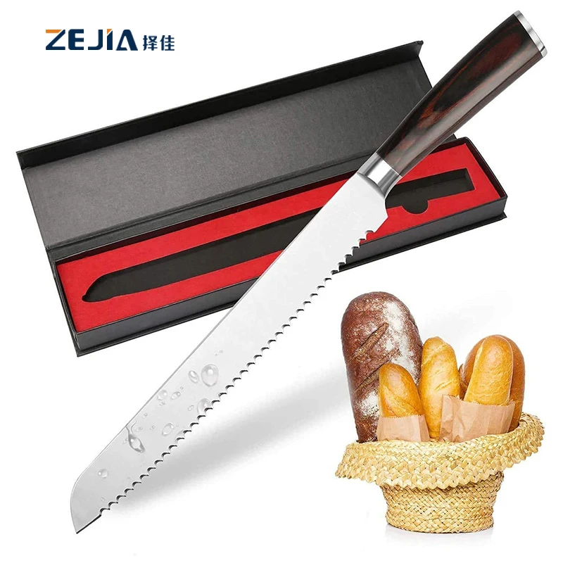 Customised Kitchen 8 Inch Bread Knives Stainless Steel Cake Knives Kitchen Serrated Bread Knife  Pakka Wood