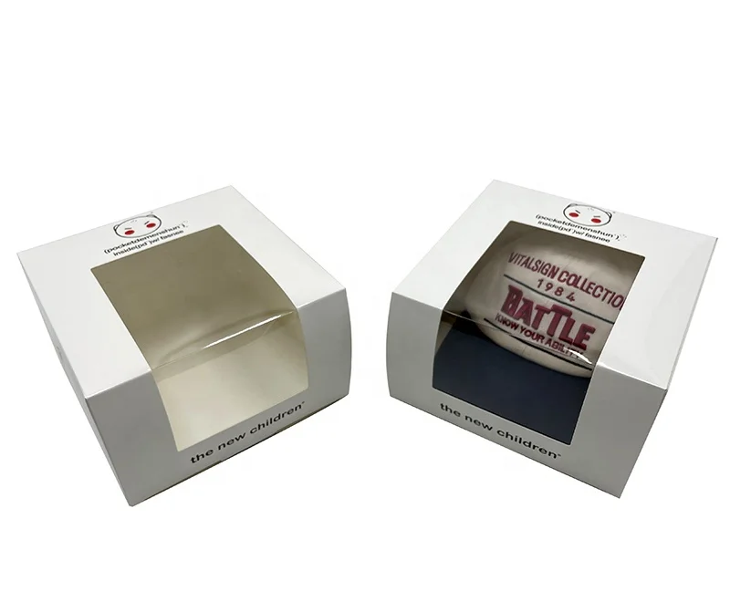 Wholesale White Snapcap Box with Window Custom Logo Peaked Cap Headgear Box Brand Print Design Baseball Cap Boxes for Hat Pack