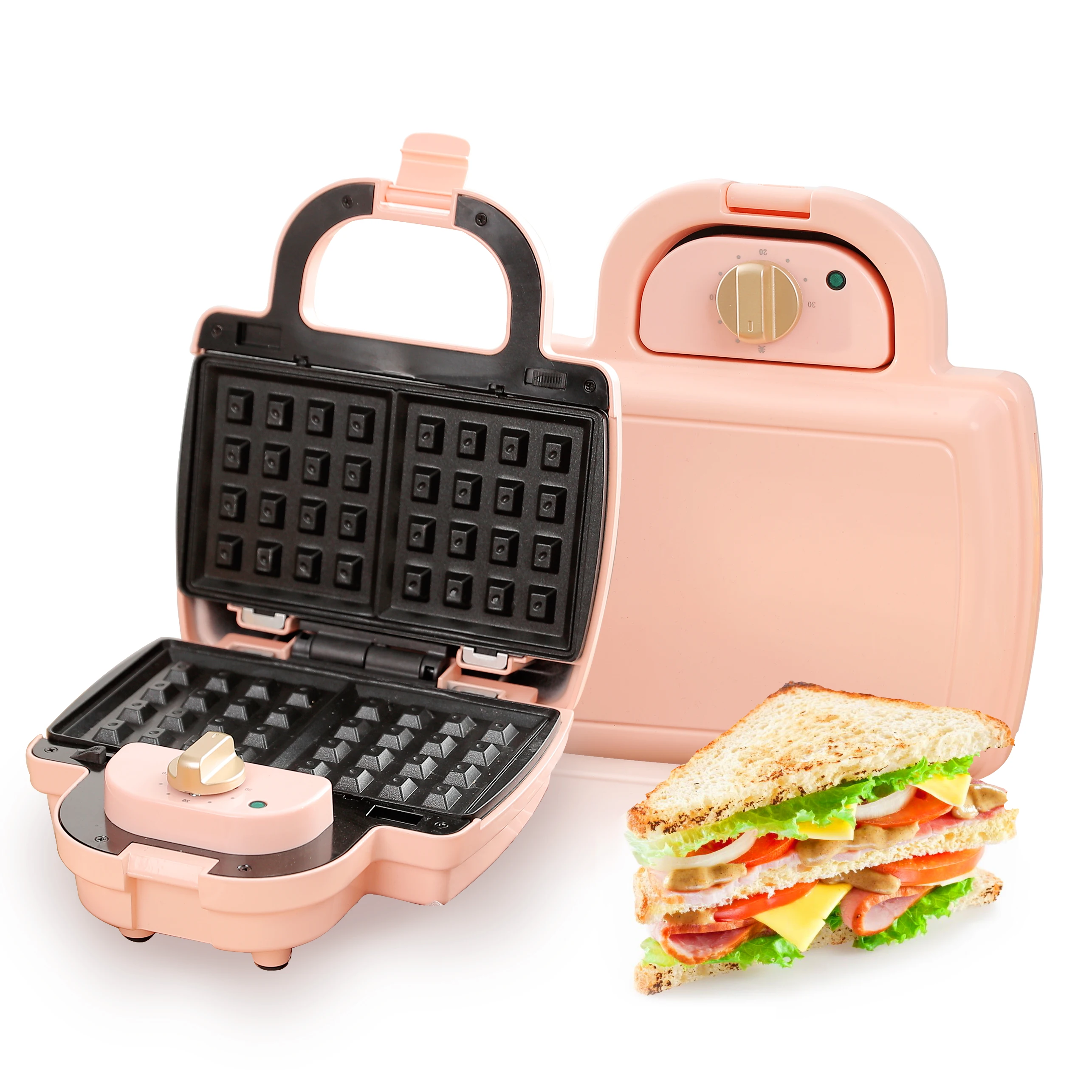 Smokeless Pink Automatic Mini 3 in 1 Electric Shape Cooking Detachable Grill Pans Breakfast Machine Snack Waffle Sandwich Maker