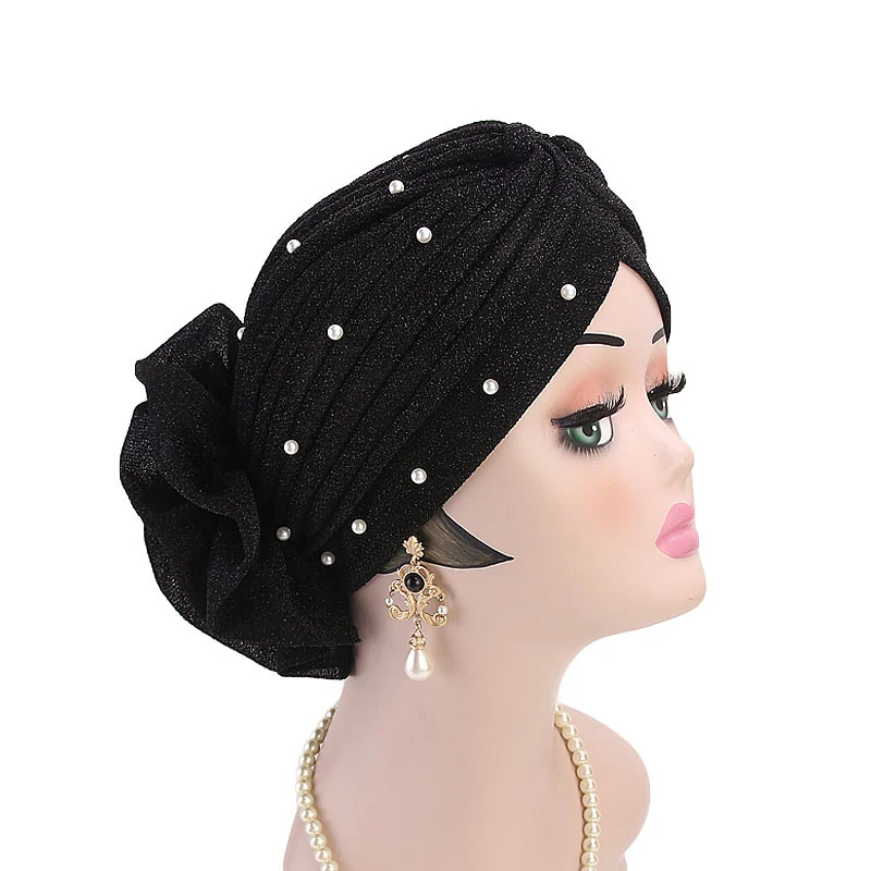 New Arrival Shinny Ruffle Hijab Flower Beaded Chemo Beanie Cap Women Muslim Ladies Turban Bridal Bonnet Wedding Hats for Women