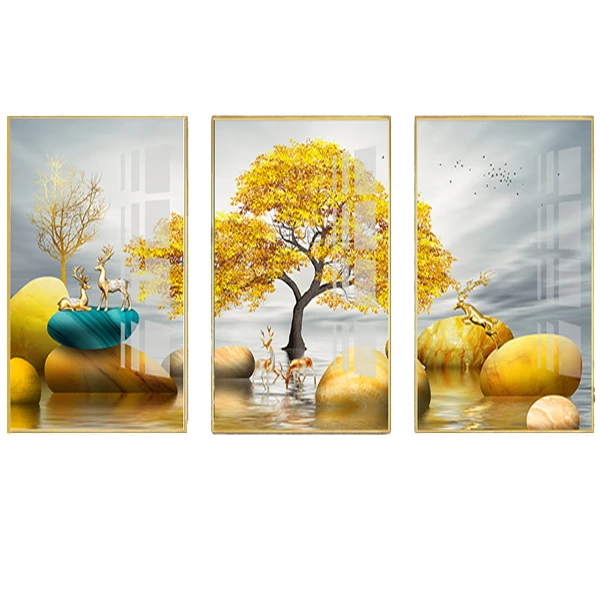 High Quality Abstract 3 panel painting Golden Tree Deer Crystal Porcelain Painting 3 piece wall painting nordic canvas print