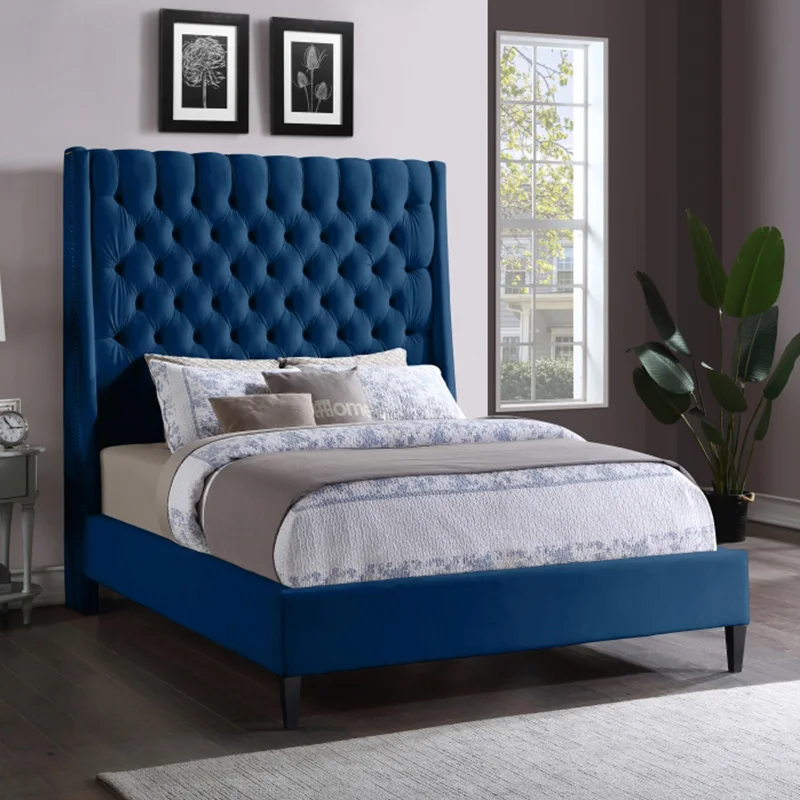 2021 Pinzhi home upholstered tufted button design high headboard bed room set furnitures