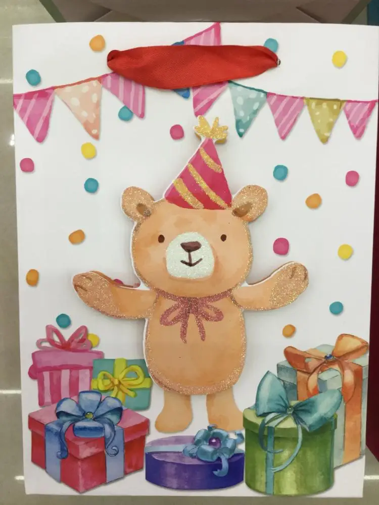 Wholesale custom happy birthday series 3D pattern glitter shopping gift paper bags for kids